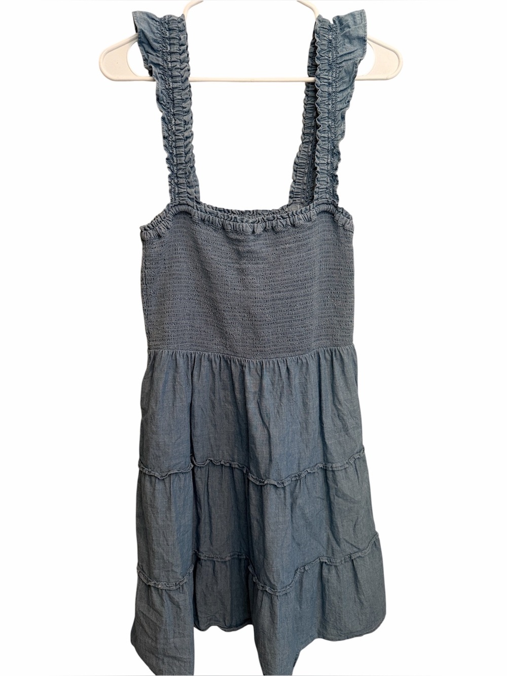 J. Crew Denim-Look Ruffle Strap Tiered Dress in Light Blue. Size Small